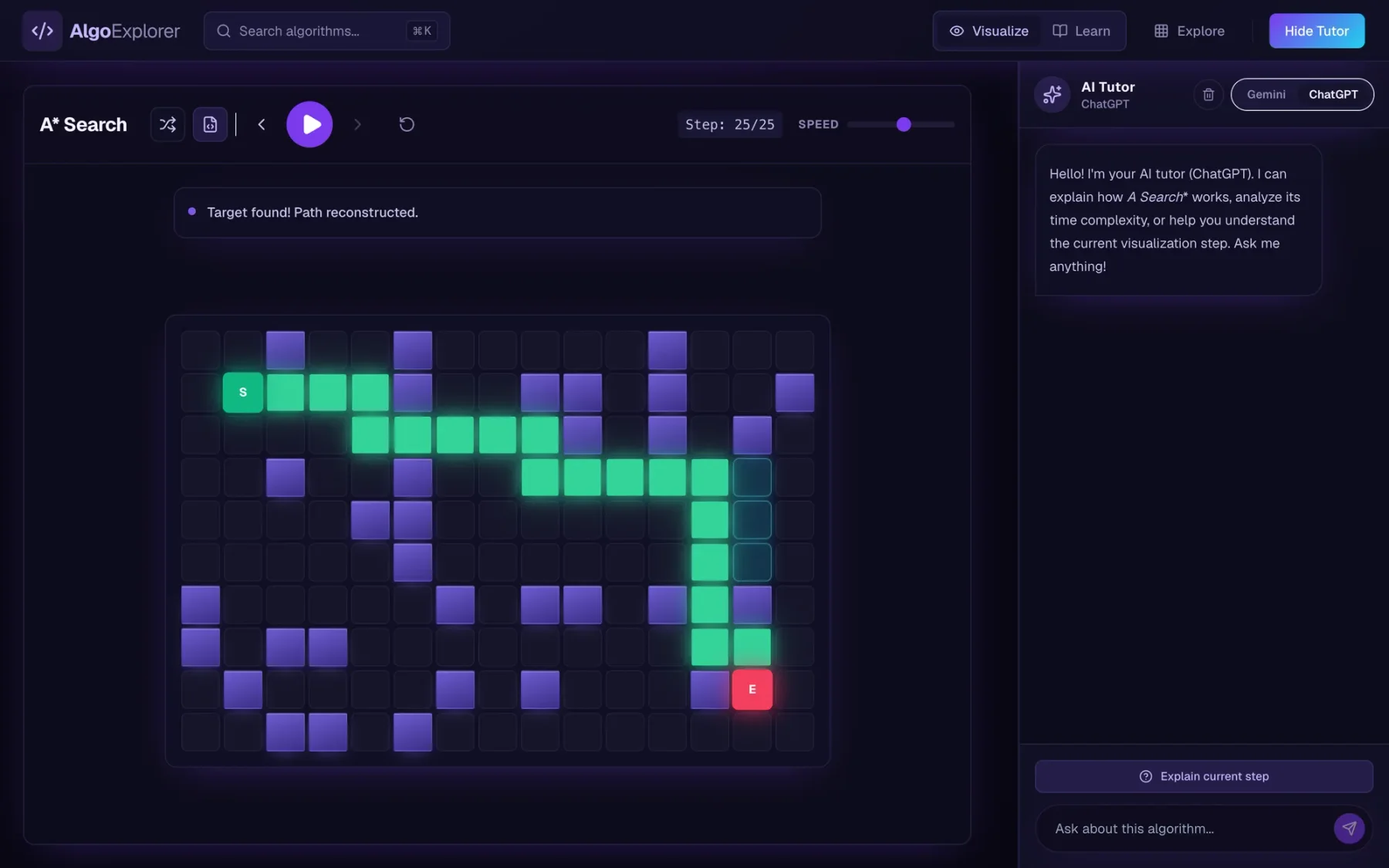 Reworked AlgoExplorer: a finished A-star path glowing on a dark grid beside the AI tutor panel