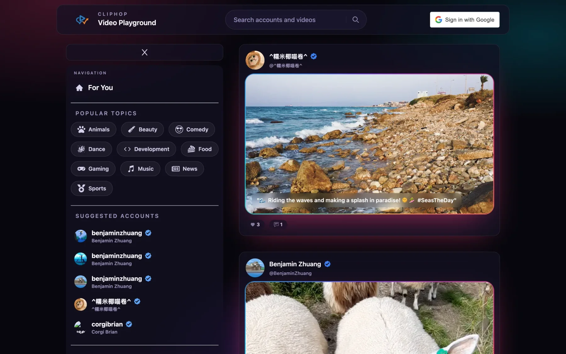 Reworked ClipHop night feed: topic chips, suggested creators, and a video post with a neon frame
