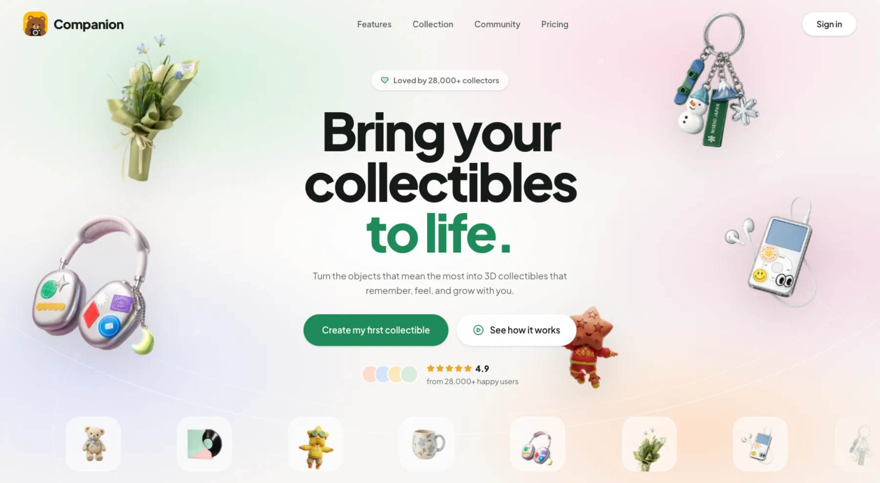 Companion landing page: the headline 'Bring your collectibles to life' surrounded by floating collectible objects