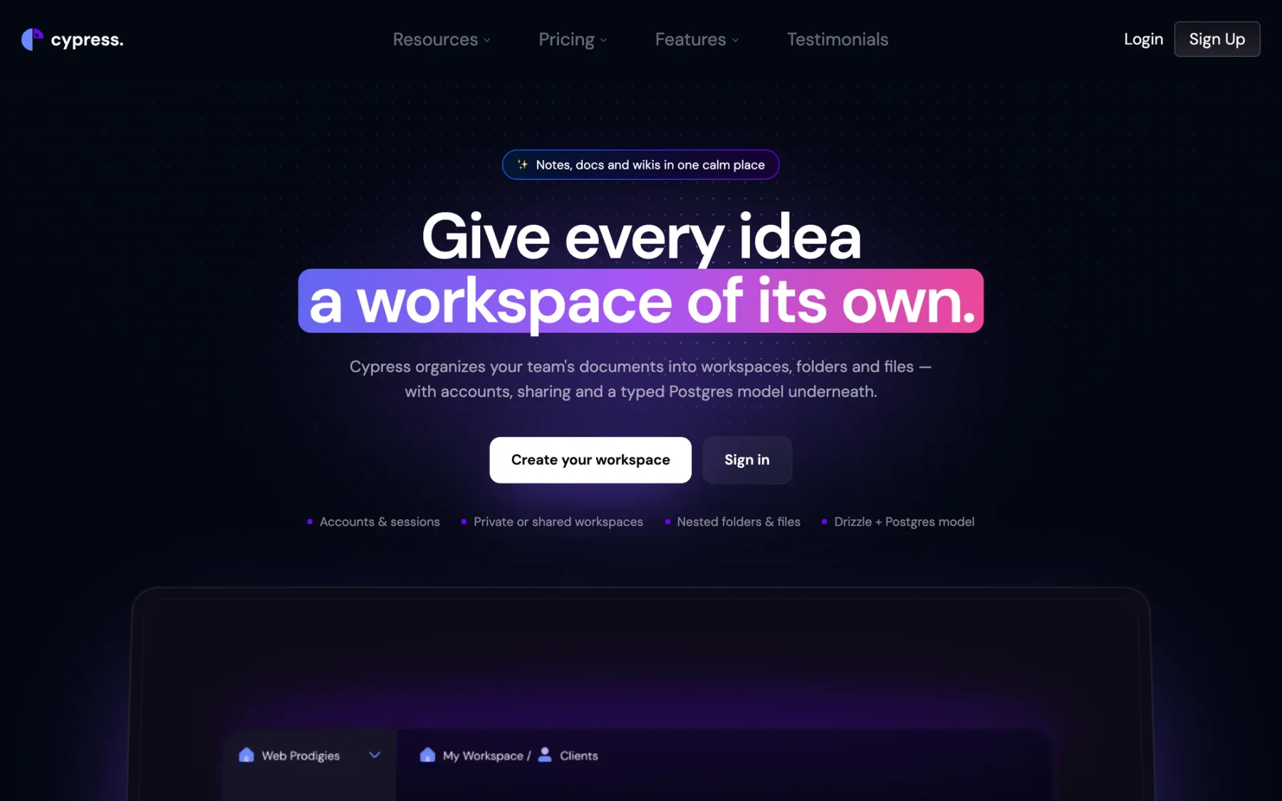 Reworked Cypress landing page with a highlighted headline and the implemented feature list