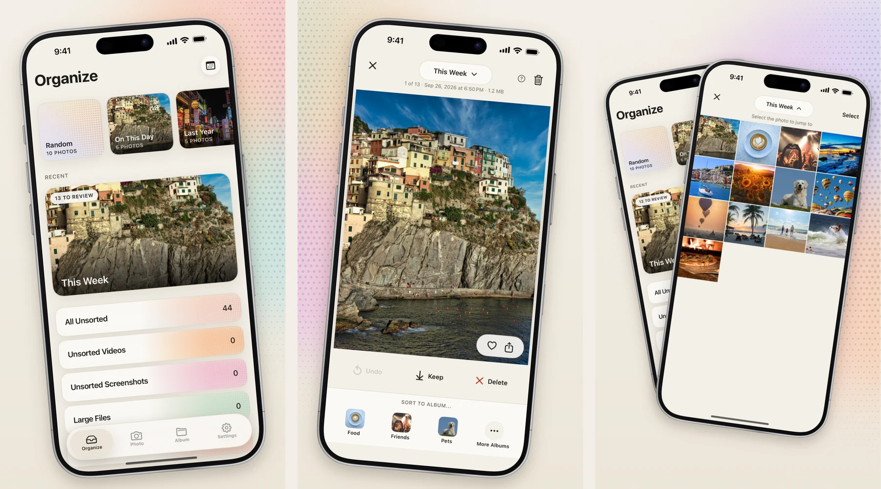 Handpick on iPhone: the Organize home screen, a single photo under review with Keep and Delete, and a collection grid