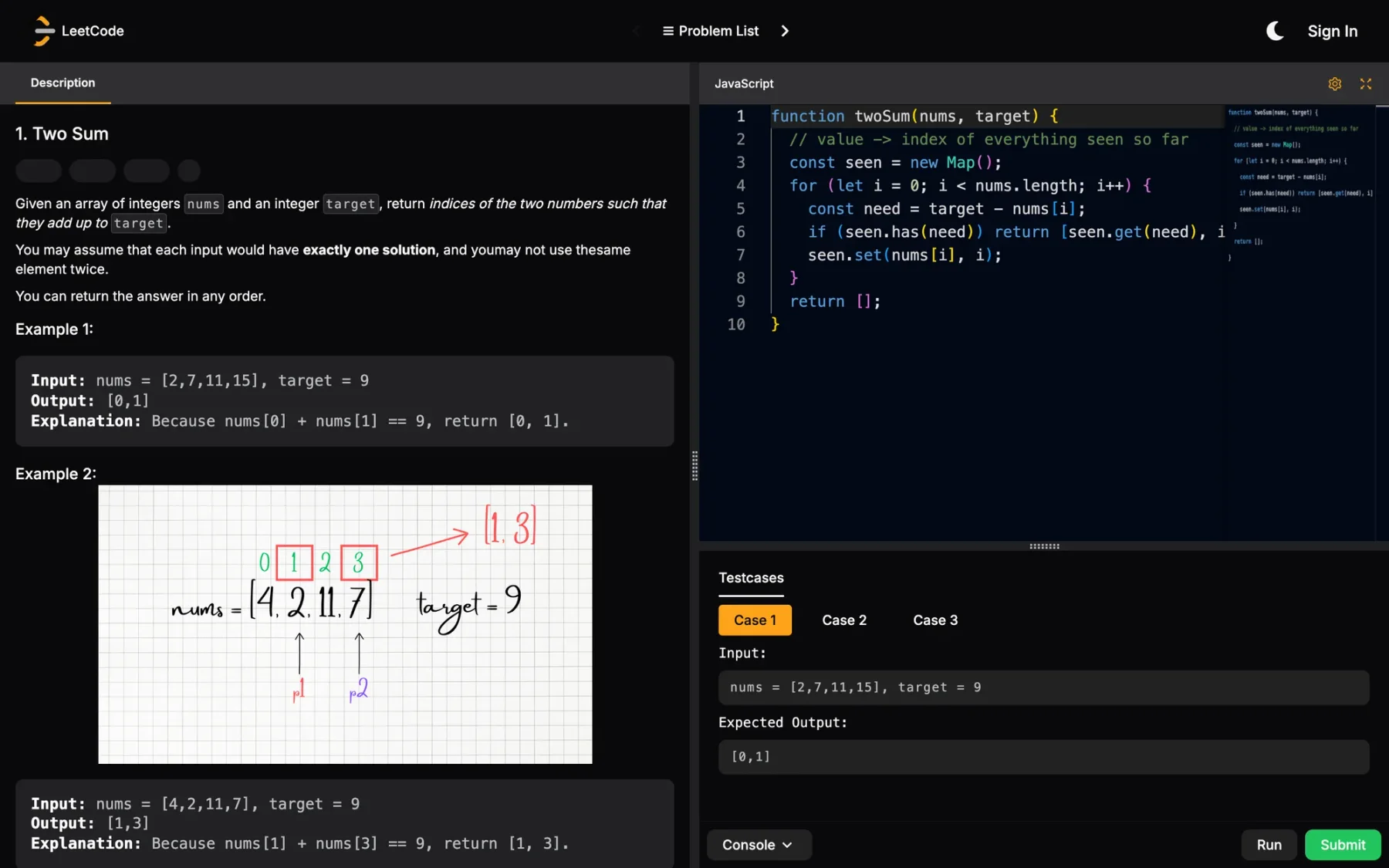 Two Sum in the reworked coding workspace: problem statement, a hash-map solution in the editor, and test cases