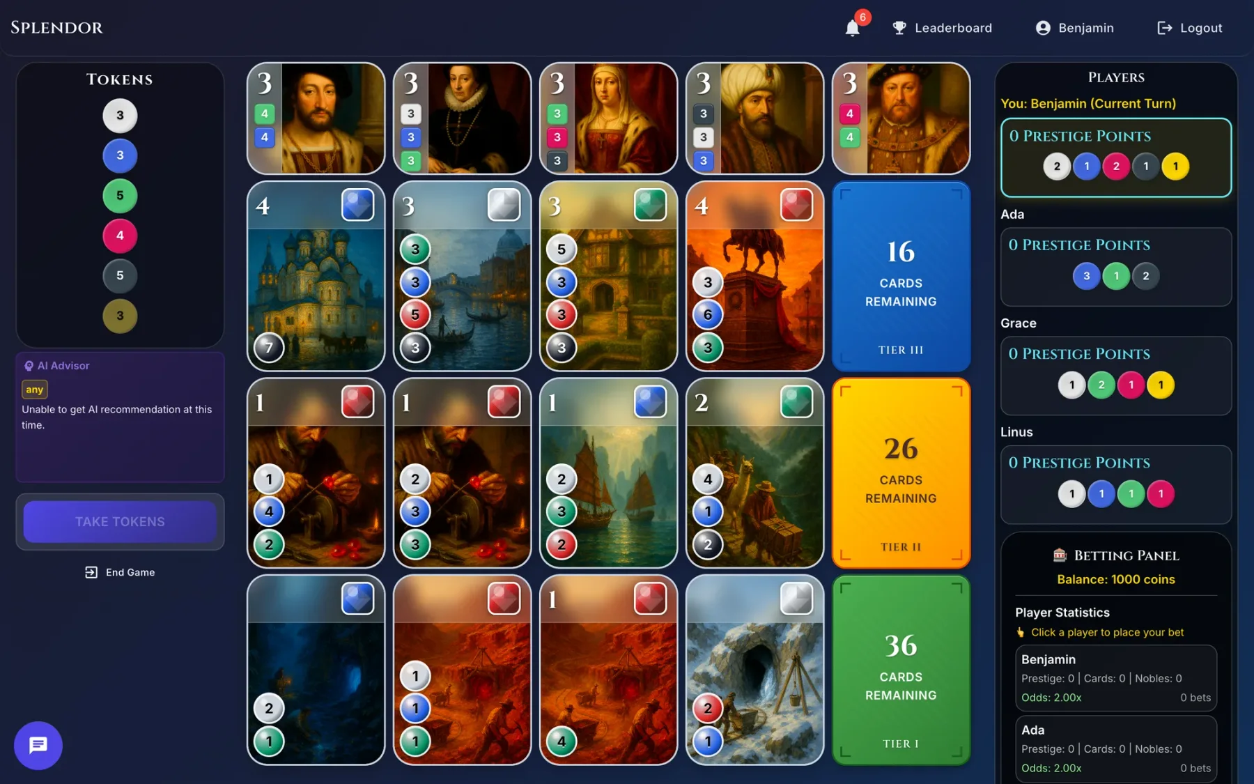 A four-player Splendor game: nobles, three tiers of cards, the token bank, and every player's tokens