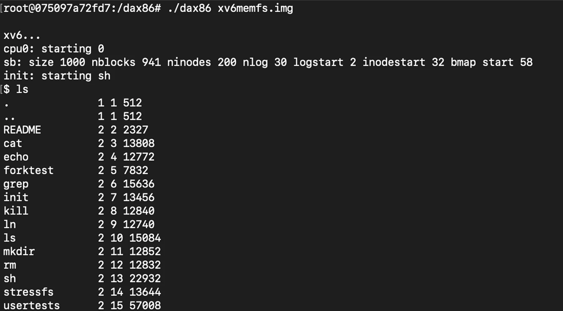 Files in the shell. Detail of: xv6 terminal showing a running Unix-like file system and shell commands